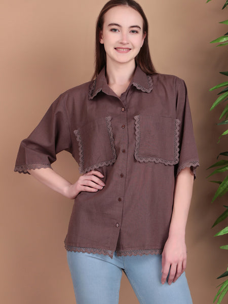 Miramaar Women's Cotton Flex Spread Collar Brown Solid Lace Work Top