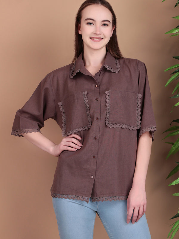 Miramaar Women's Cotton Flex Spread Collar Brown Solid Lace Work Top