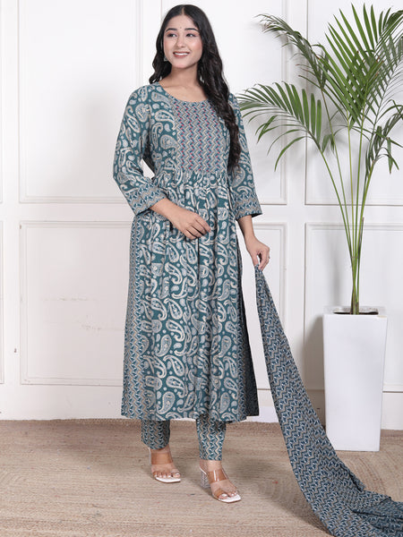 Miramaar Women's Green Printed Rayon A-line Embroidered Salwar Suit Set