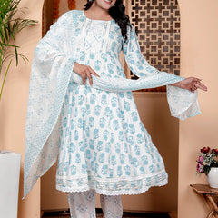 Miramaar Women's Off White & Blue Rayon Round Neck A-line Kurta Set with Dupatta