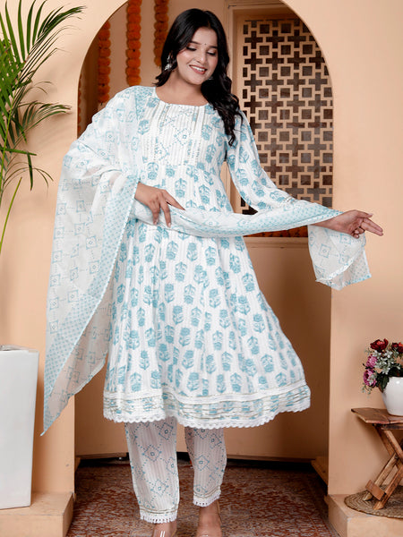 Miramaar Women's Off White & Blue Rayon Round Neck A-line Kurta Set with Dupatta