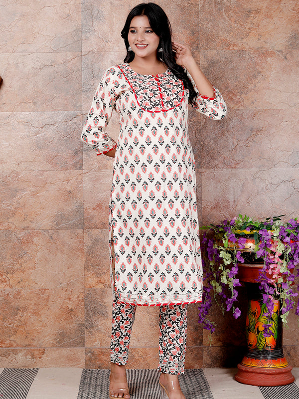 Miramaar Women's Off White Printed Straight Rayon Slub Kurta Pant Set