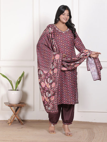 Miramaar Women's Maroon Muslin Adda Work Straight Kurta Set with Dupatta