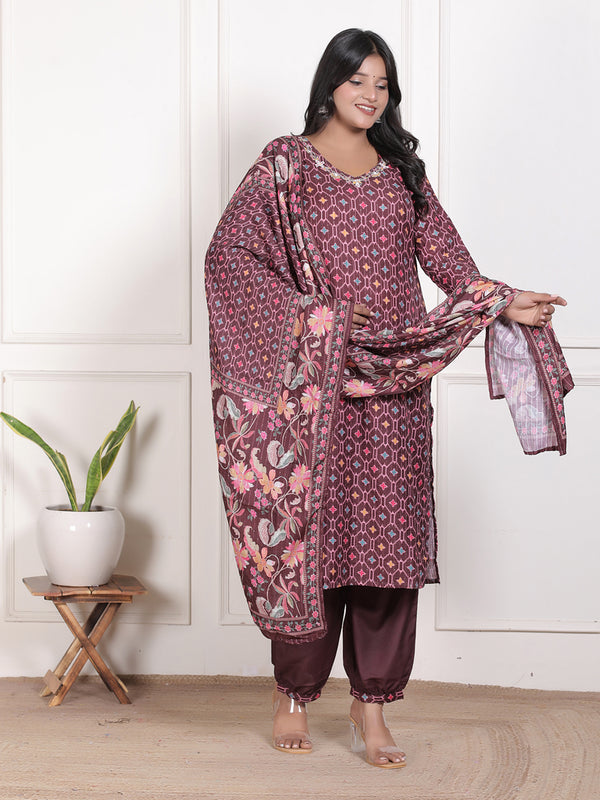 Miramaar Women's Maroon Muslin Adda Work Straight Kurta Set with Dupatta