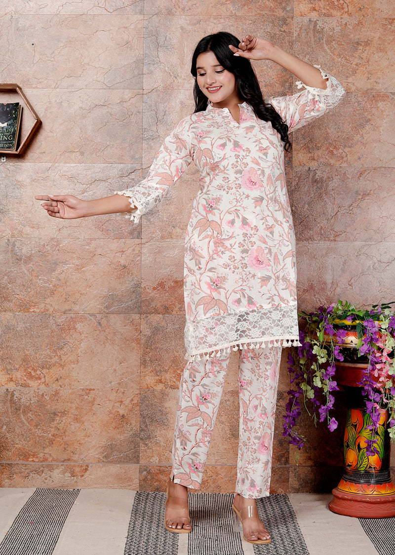 Miramaar Women's Off White Cotton Mandarin Collar Printed Coord Set