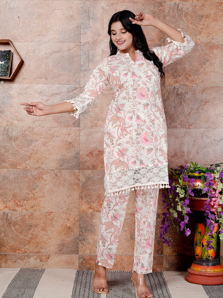 Miramaar Women's Off White Cotton Mandarin Collar Printed Coord Set