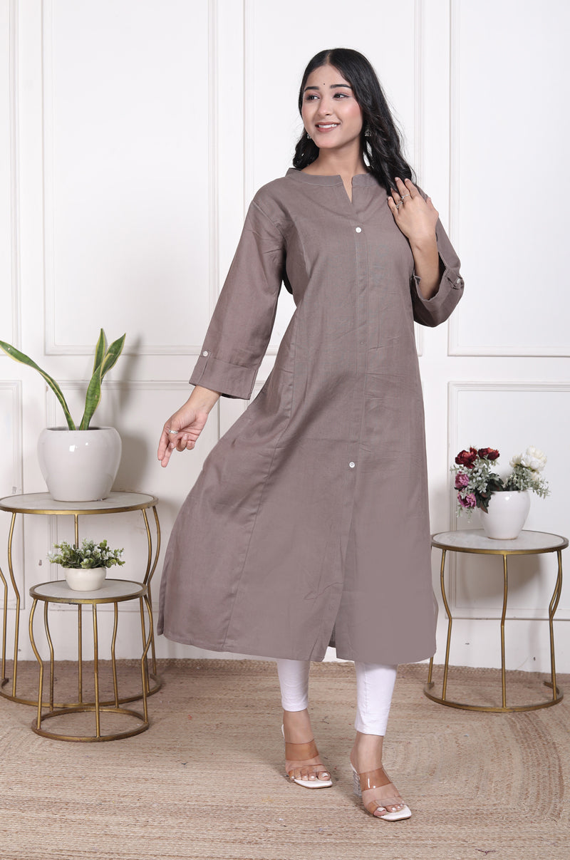 Miramaar Women's Cotton Brown Mandarin Collar Straight Kurti
