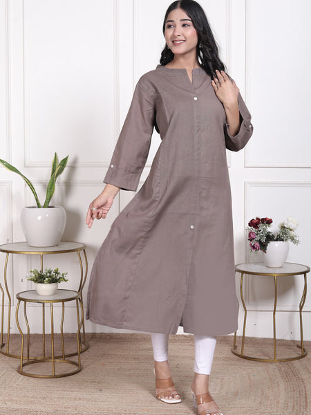 Miramaar Women's Cotton Brown Mandarin Collar Straight Kurti