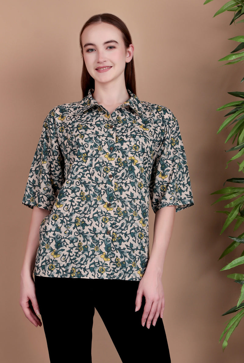 Miramaar Women's Cotton Spread Collar Green Printed Top