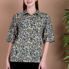 Miramaar Women's Cotton Spread Collar Green Printed Top