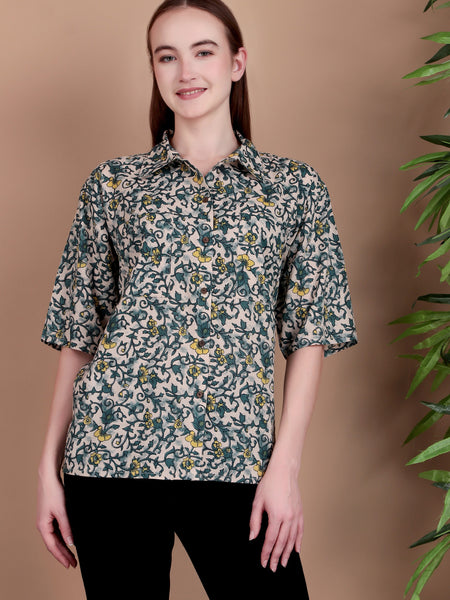 Miramaar Women's Cotton Spread Collar Green Printed Top