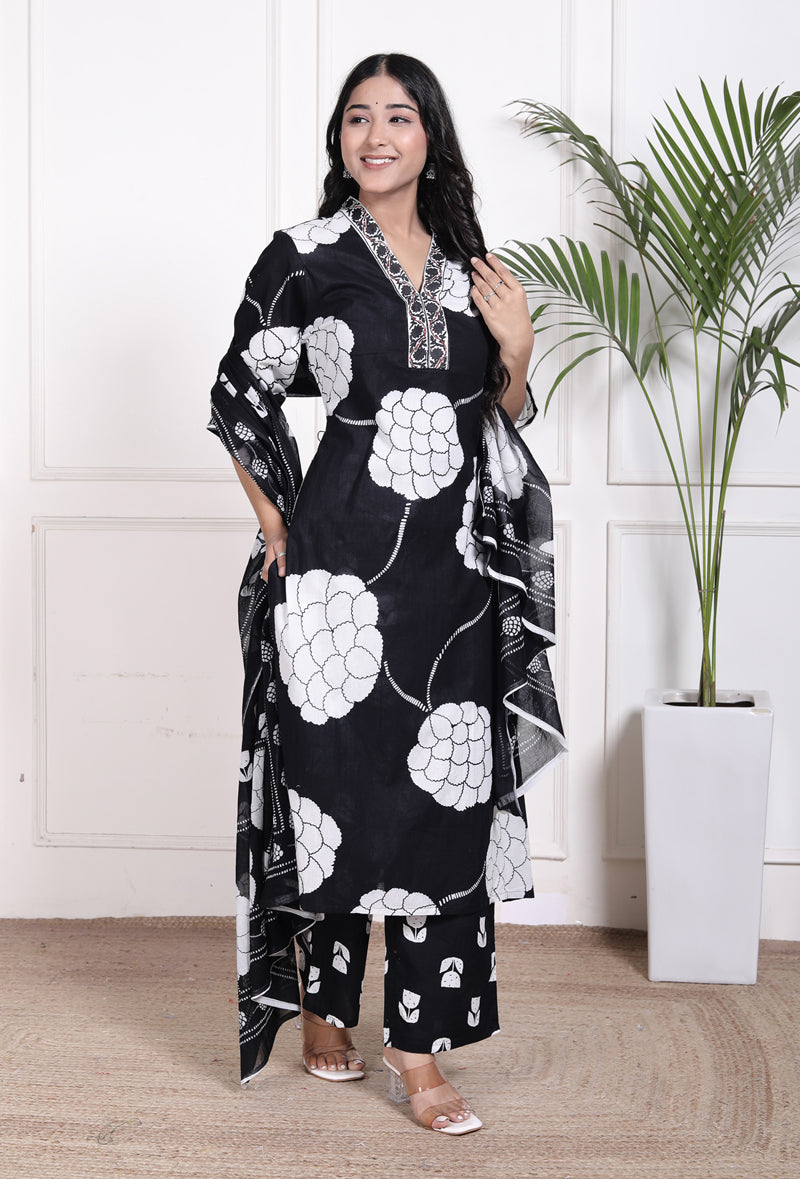 Miramaar Women's Black Straight Printed Kurta Pant Dupatta Set