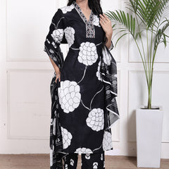 Miramaar Women's Black Straight Printed Kurta Pant Dupatta Set
