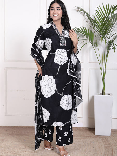 Miramaar Women's Black Straight Printed Kurta Pant Dupatta Set