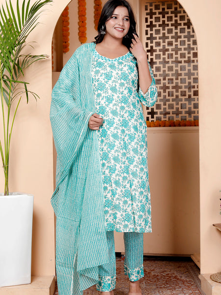 Miramaar Women's Light Blue Round Neck Embroidered Straight Kurta Pant with Dupatta