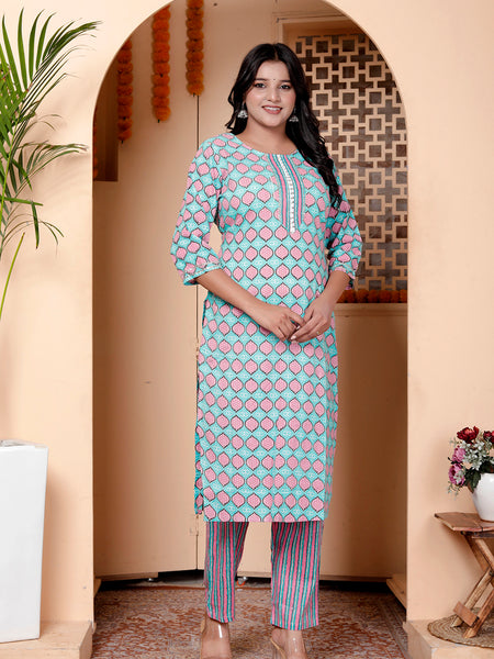 Miramaar Women's Light Blue Cotton Straight Printed Kurta Pant Set