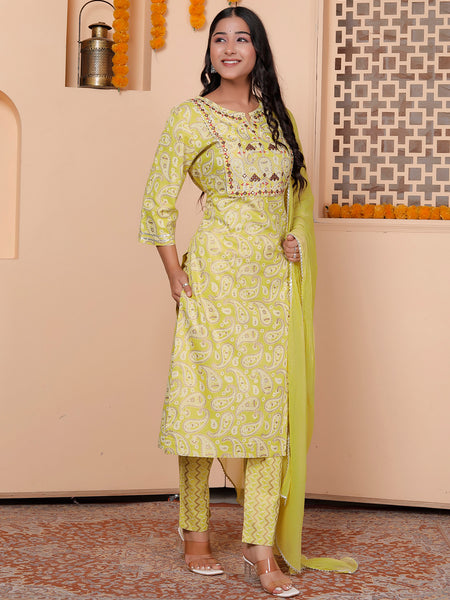 Miramaar Women's Lime Green Rayon Straight Kurta Set with Dupatta