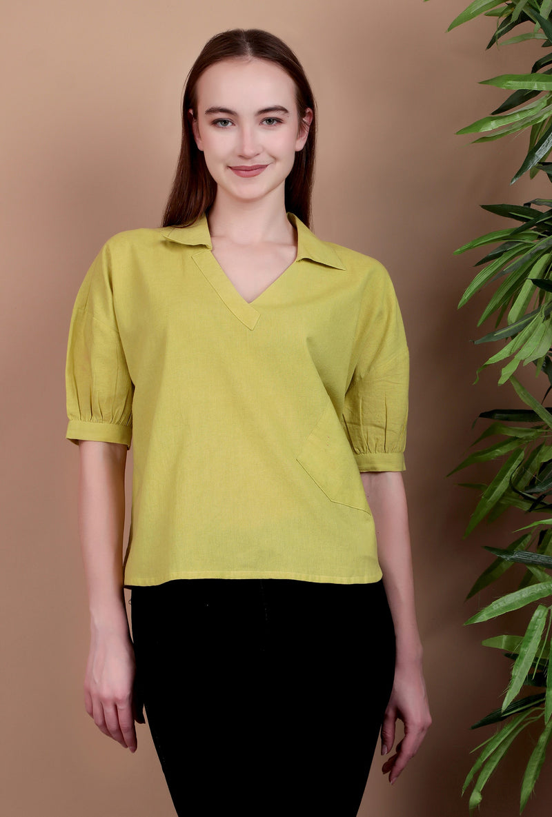 Miramaar Women's Cotton Flex Solid Lime Green Regular Top