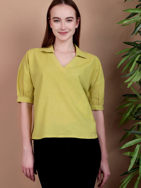 Miramaar Women's Cotton Flex Solid Lime Green Regular Top