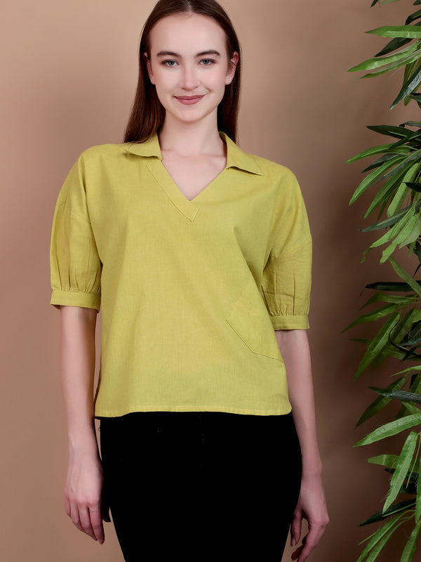 Miramaar Women's Cotton Flex Solid Lime Green Regular Top