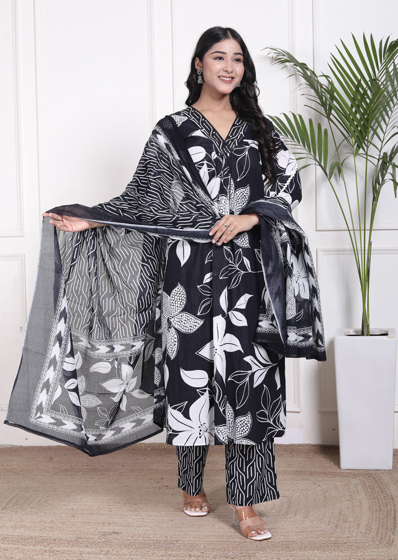 Miramaar Women's Black Cotton A-Line Kurta Set with Dupatta, Floral Print & Adda Work