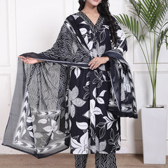 Miramaar Women's Black Cotton A-Line Kurta Set with Dupatta, Floral Print & Adda Work