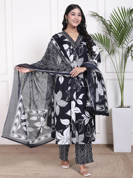 Miramaar Women's Black Cotton A-Line Kurta Set with Dupatta, Floral Print & Adda Work