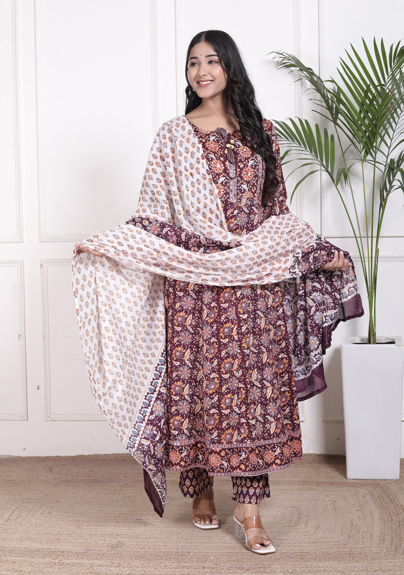 Miramaar Women's Purple Cotton Anarkali Adda Work Kurta Set