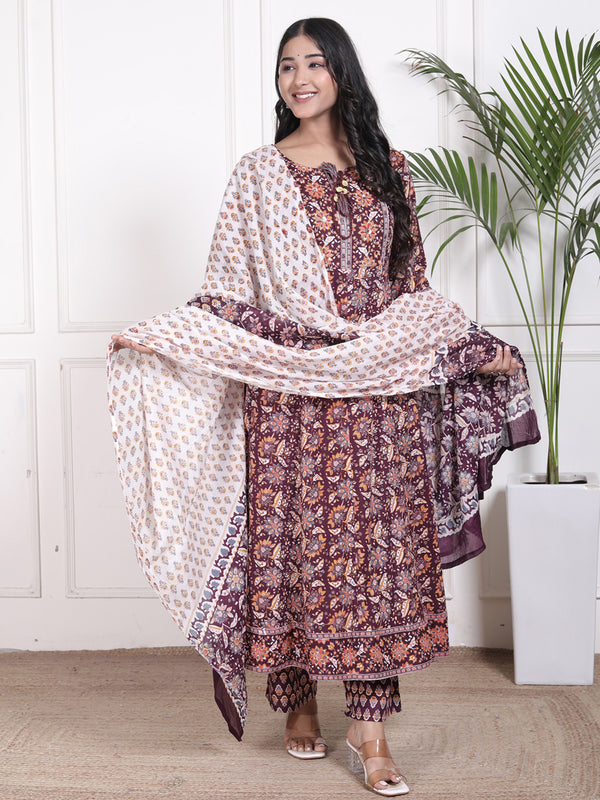 Miramaar Women's Purple Cotton Anarkali Adda Work Kurta Set
