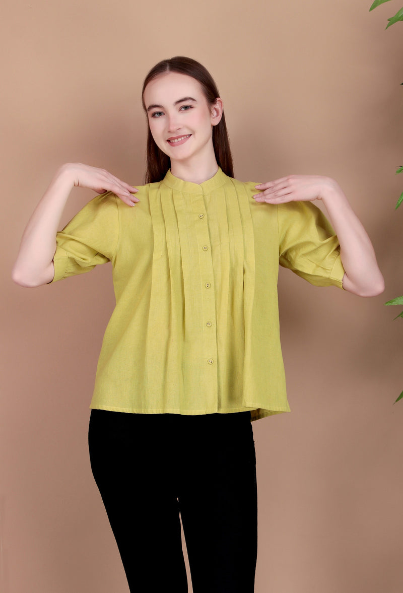 Miramaar Women's Cotton Flex Solid Lime Green Pintex Top