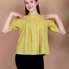 Miramaar Women's Cotton Flex Solid Lime Green Pintex Top