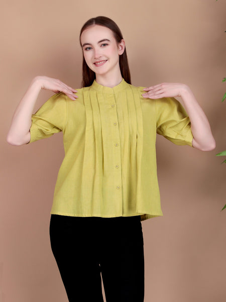 Miramaar Women's Cotton Flex Solid Lime Green Pintex Top