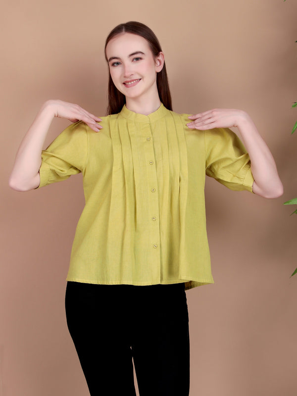 Miramaar Women's Cotton Flex Solid Lime Green Pintex Top