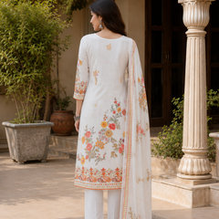 Women WHITE Printed Round Neck Kurta with Straight Pants & Printed Dupatta