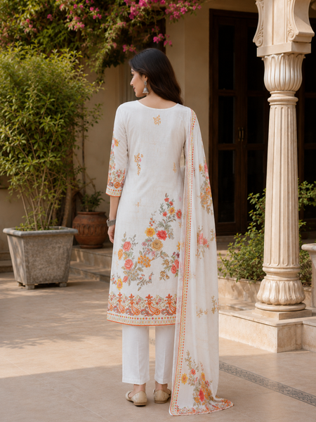 Women WHITE Printed Round Neck Kurta with Straight Pants & Printed Dupatta