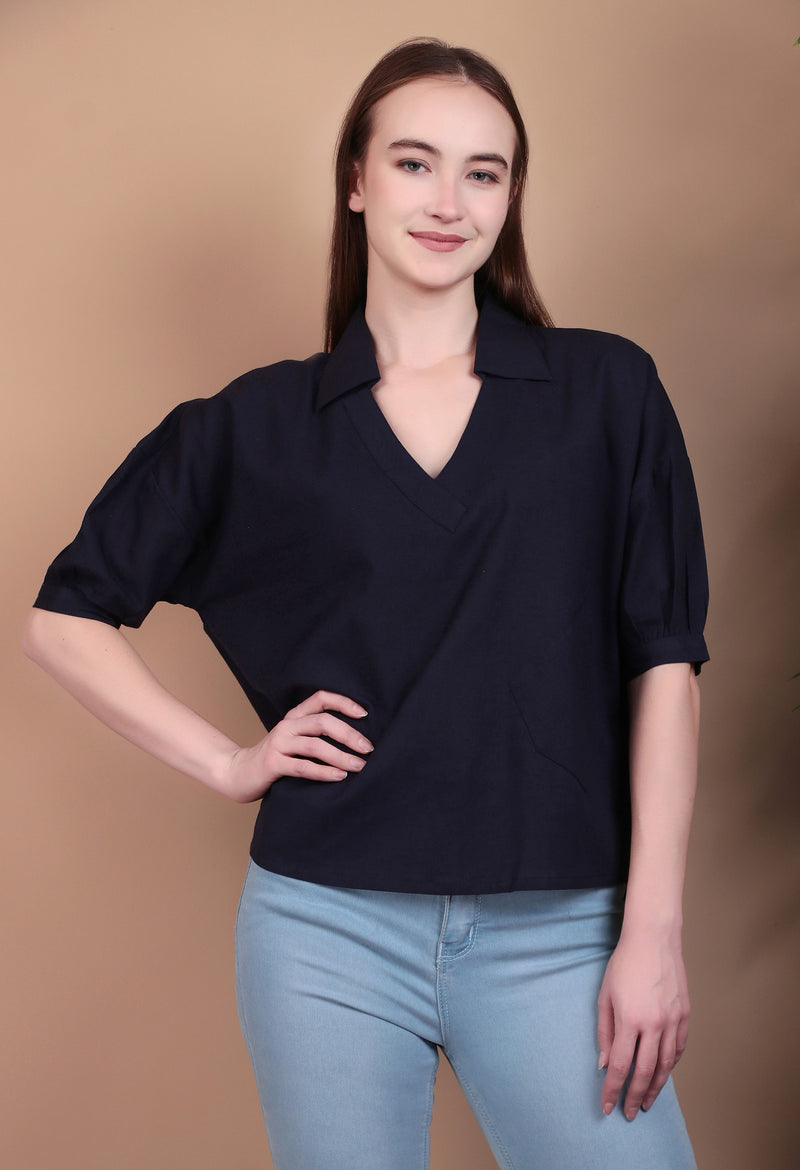 Miramaar Women's Cotton Flex Solid Blue Regular Top