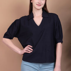 Miramaar Women's Cotton Flex Solid Blue Regular Top