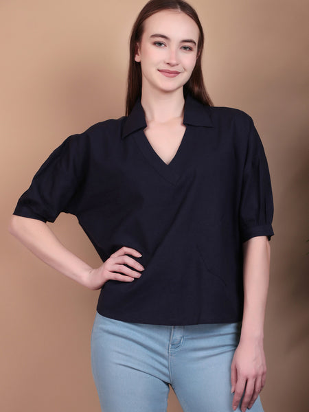 Miramaar Women's Cotton Flex Solid Blue Regular Top