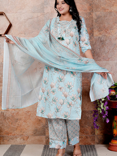 Miramaar Women's Green V-Neck Straight Linen Kurta Set with Dupataa