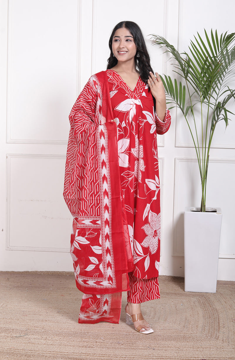 Miramaar Women's Red Printed A-line Cotton Adda Work Kurta Set with Dupatta