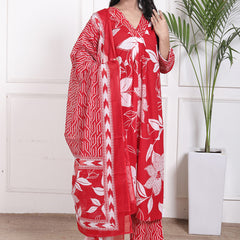 Miramaar Women's Red Printed A-line Cotton Adda Work Kurta Set with Dupatta