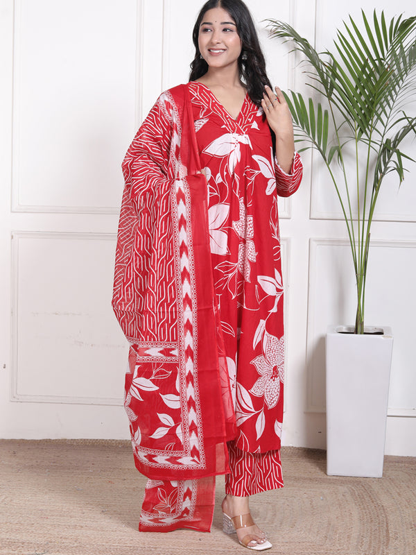 Miramaar Women's Red Printed A-line Cotton Adda Work Kurta Set with Dupatta