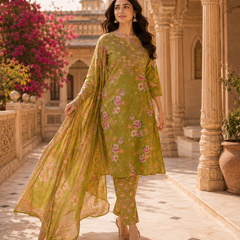 Miramaar Women's Green Cotton Straight Round Neck Hand Work Kurta Pant with Dupatta