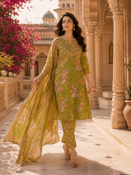 Miramaar Women's Green Cotton Straight Round Neck Hand Work Kurta Pant with Dupatta