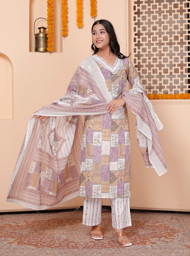 Miramaar Women's Printed Cotton V-Neck Straight Kurta Set with Dupatta