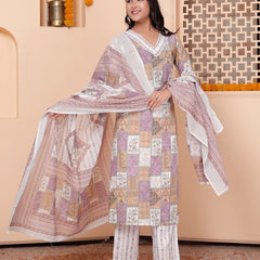 Miramaar Women's Printed Cotton V-Neck Straight Kurta Set with Dupatta