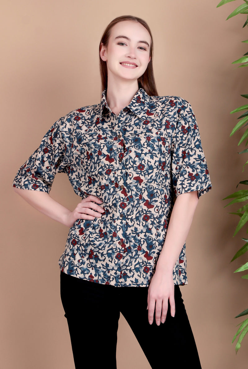 Miramaar Women's Cotton Spread Collar Blue Printed Top