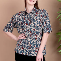 Miramaar Women's Cotton Spread Collar Blue Printed Top