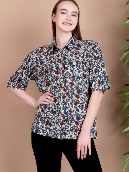 Miramaar Women's Cotton Spread Collar Blue Printed Top