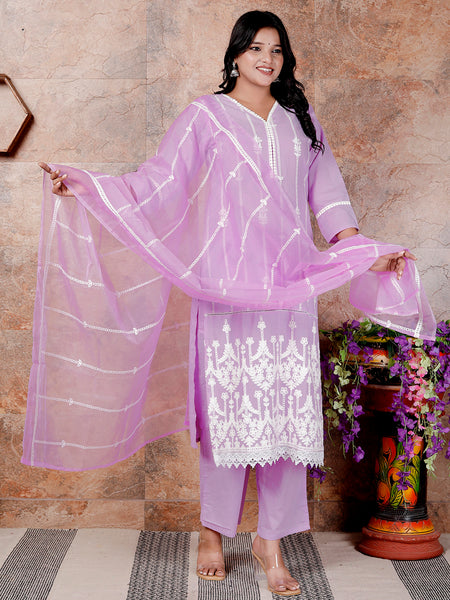 Miramaar Women's Purple Straight Embroidered Kurta Pant Dupatta Set